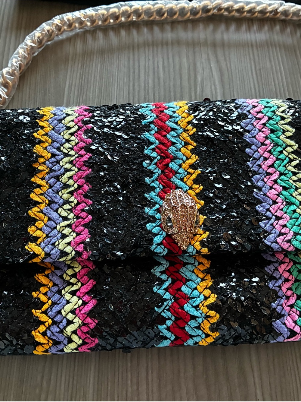 Kurt Geiger Black Sequin Shoulder Bag with Multicolor Stripes - Picture 2 of 8